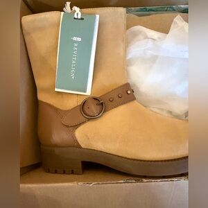 REVITALIGN Women's Tan Suede Ankle Boot with Buckle Strap